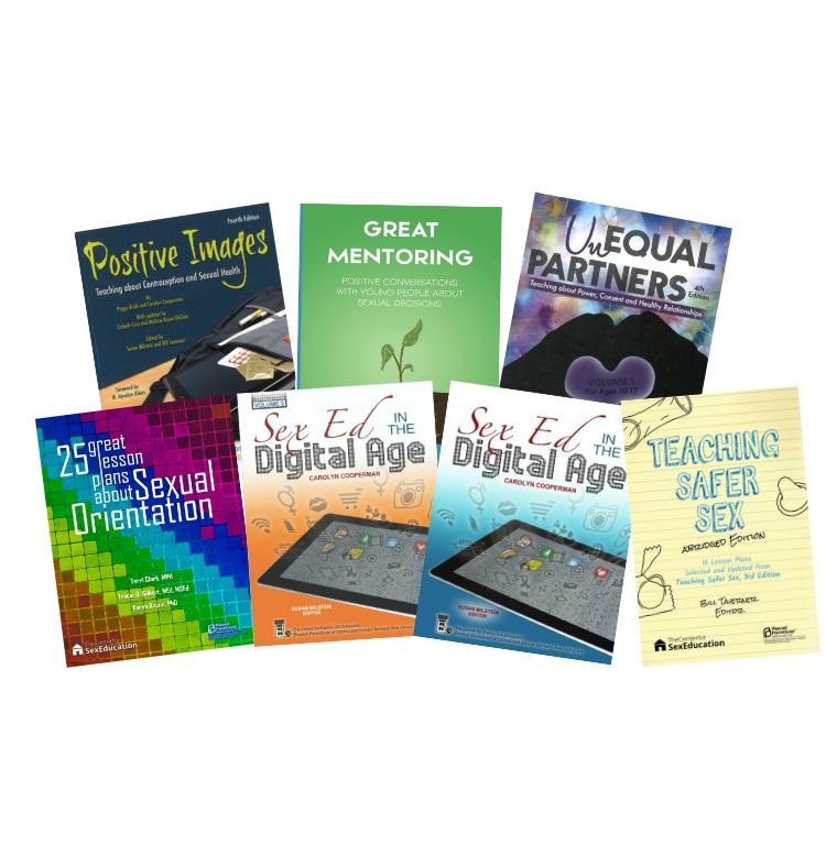 Features the Cover Images for Positive Images, Great Mentoring, Unequal Partners, 25 Great Lesson Plans about Sexual Orientation, Sex Ed in the Digital Age, and Teaching Safer Sex (Abridged)