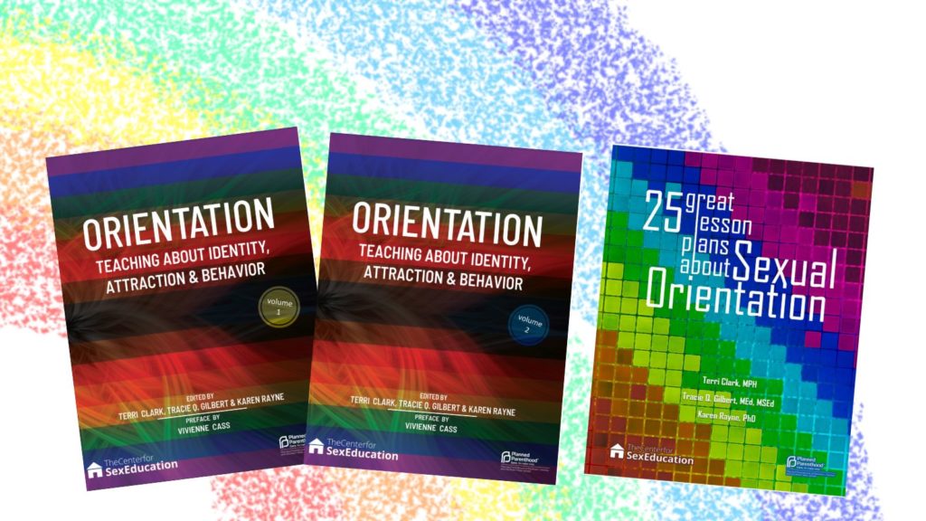 Image features two of the CSE manuals: Orientation and 25 Great Lesson Plans about Sexual Orientation. 