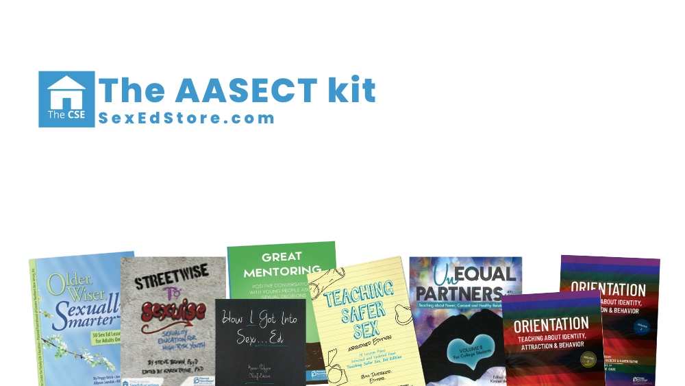 Image is of the AASECT Kit. This kit contains the following manuals (cover images included on this image): Older, Wiser, Sexually Smarter; Streetwise to Sexwise, Great Mentoring, How I Got Into Sex Ed, Teaching Safer Sex: Abridged Edition; Unequal Partners (v. 2), and Orientation. 